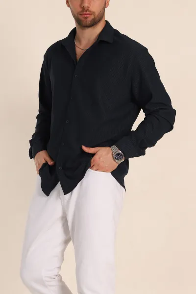 lacivert-relaxed-fit-fitilli-doku-likrali-erkek-gomlek-350003