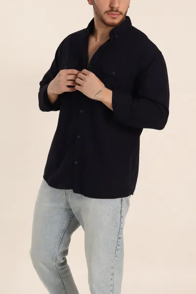 Lacivert Relaxed Fit Gabardin Çift Cep Detaylı Ata Yaka Erkek Gömlek 339104