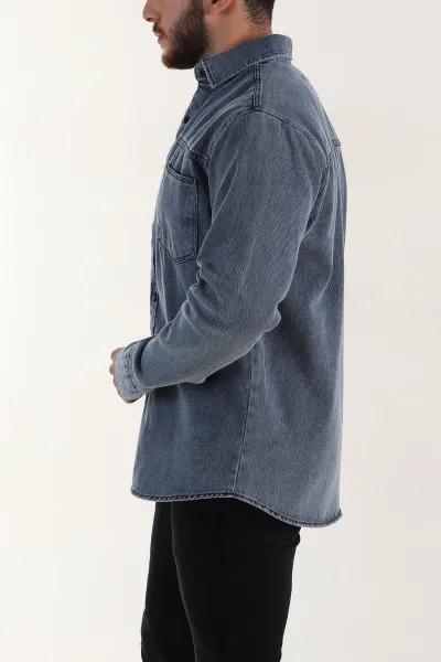 Lacivert Relaxed Fit Gabardin Çift Cepli Yıkamalı  Erkek Gömlek 397972