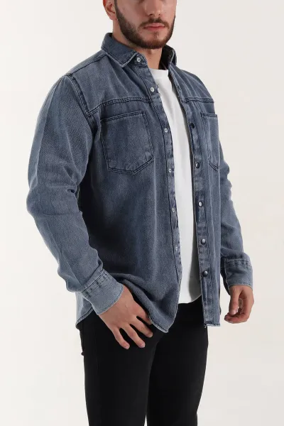 Lacivert Relaxed Fit Gabardin Çift Cepli Yıkamalı  Erkek Gömlek 397972