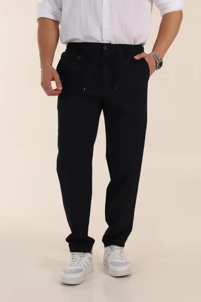Lacivert Relaxed Fit Gofre Kumaş Bel Arkası Lastikli Erkek Pantolon 362584