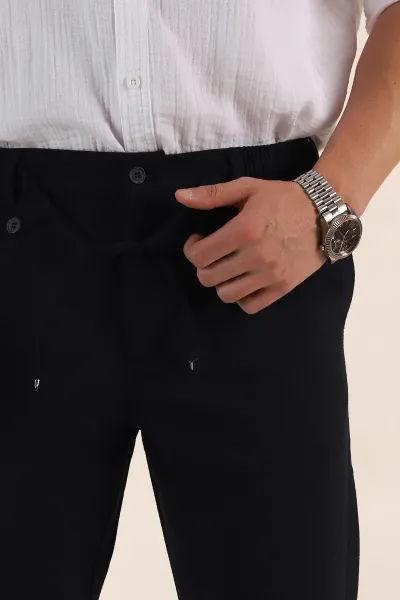Lacivert Relaxed Fit Gofre Kumaş Bel Arkası Lastikli Erkek Pantolon 362584