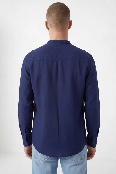 Lacivert Relaxed Fit Hakim Yaka Uzun Kollu Erkek Gömlek 445646
