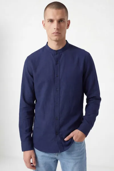 Lacivert Relaxed Fit Hakim Yaka Uzun Kollu Erkek Gömlek 445646