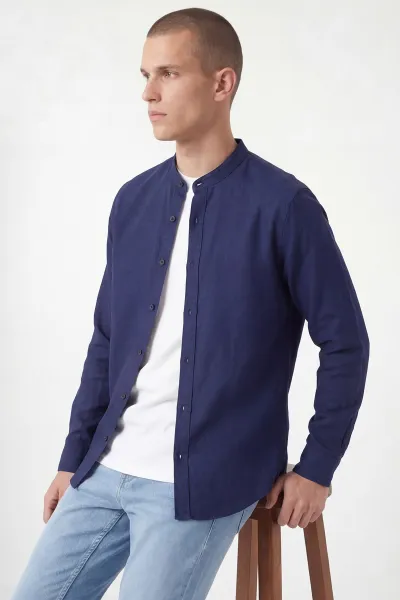 Lacivert Relaxed Fit Hakim Yaka Uzun Kollu Erkek Gömlek 445646