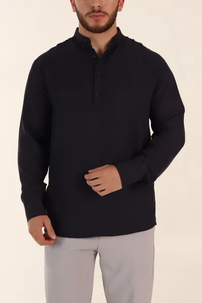 Lacivert Relaxed Fit Hakim Yaka Yarım Düğmeli Erkek Gömlek 369852