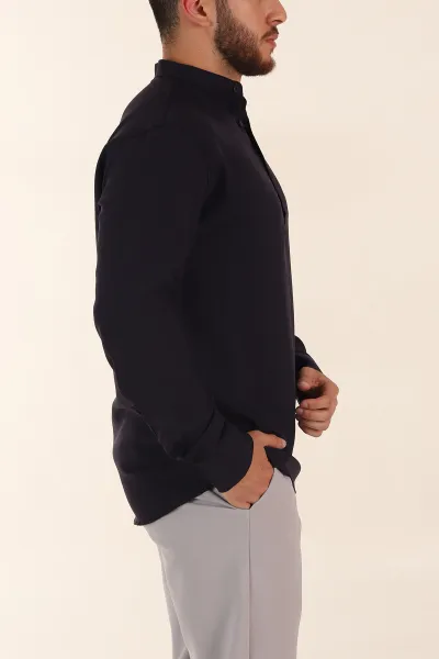 Lacivert Relaxed Fit Hakim Yaka Yarım Düğmeli Erkek Gömlek 369852