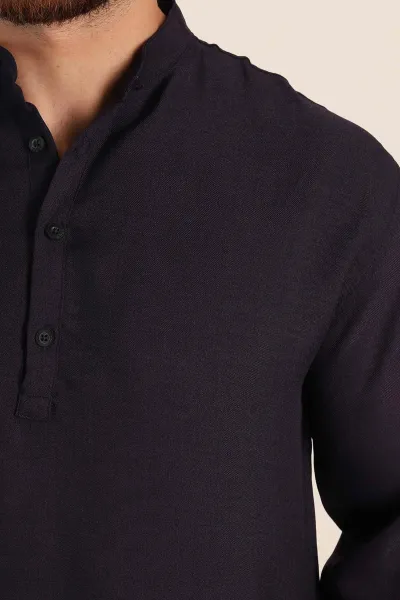 Lacivert Relaxed Fit Hakim Yaka Yarım Düğmeli Erkek Gömlek 369852