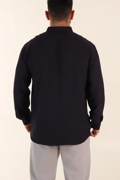 Lacivert Relaxed Fit Hakim Yaka Yarım Düğmeli Erkek Gömlek 369852