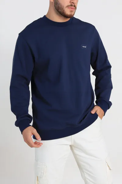 Lacivert Relaxed Fit İki İp Şardonlu Yazı Detay Likralı Erkek Sweatshirt 311200