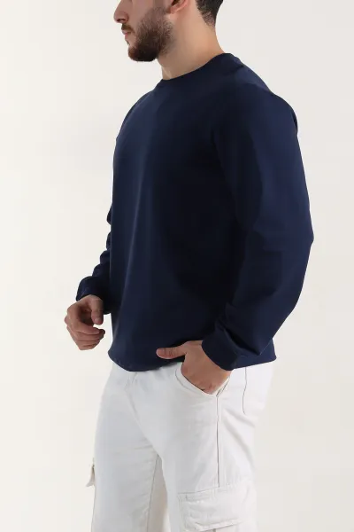 Lacivert Relaxed Fit İki İp Şardonsuz Basic Erkek Sweatshirt 398126