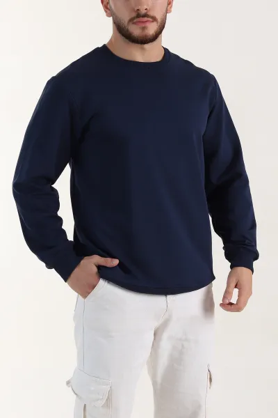 Lacivert Relaxed Fit İki İp Şardonsuz Basic Erkek Sweatshirt 398126