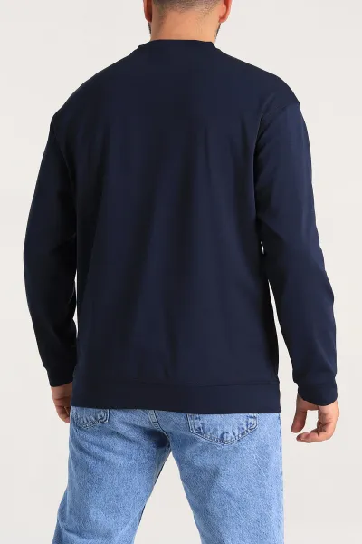 Lacivert Relaxed Fit Jakarlı Kabartma Yazı Detay Erkek Basic Sweatshirt 305383