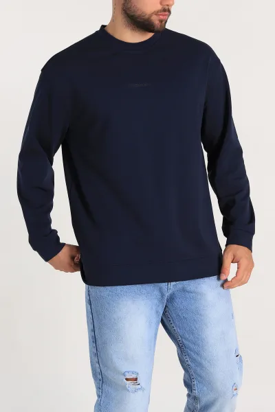 Lacivert Relaxed Fit Jakarlı Kabartma Yazı Detay Erkek Basic Sweatshirt 305383