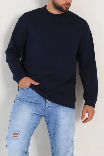 Lacivert Relaxed Fit Jakarlı Kabartma Yazı Detay Erkek Basic Sweatshirt 305383