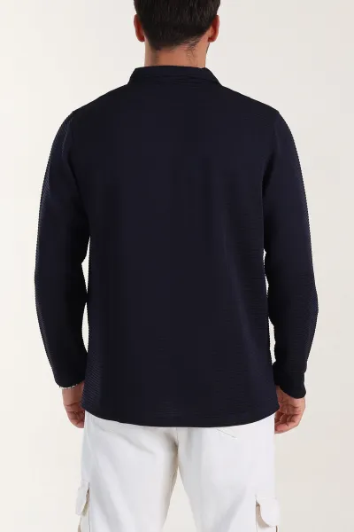 Lacivert Relaxed Fit Jakarlı Kumaş Kalın Fitilli Polo Yaka Sweatshirt 399554