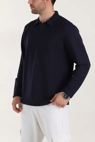 Lacivert Relaxed Fit Jakarlı Kumaş Kalın Fitilli Polo Yaka Sweatshirt 399554