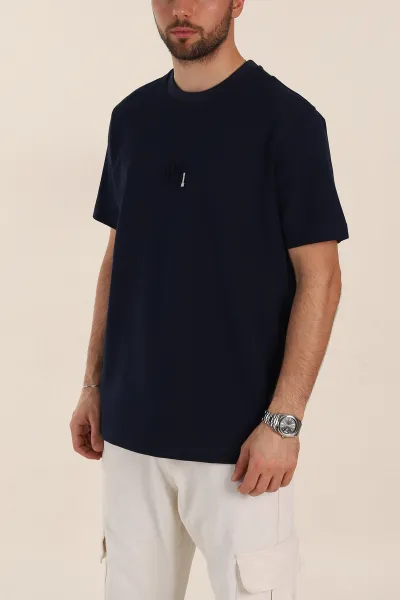 Lacivert Relaxed Fit Kabartma Yazı Detaylı Erkek Tişört 358494