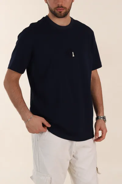 Lacivert Relaxed Fit Kabartma Yazı Detaylı Erkek Tişört 358494