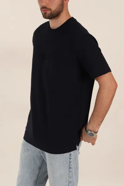 Lacivert Relaxed Fit Kabartma Yazı Detaylı Erkek Tişört 358504