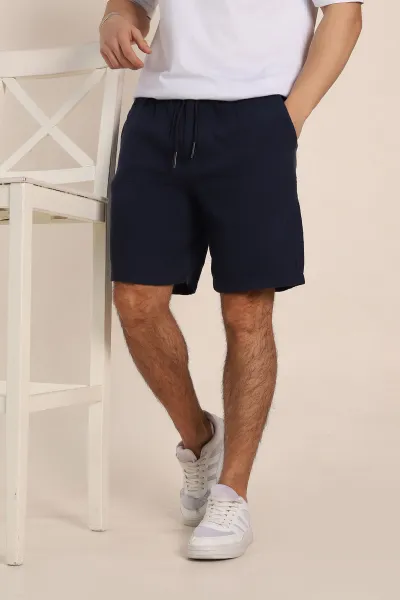 Lacivert Relaxed Fit Kalın Müslin Keten Erkek Şort 354065