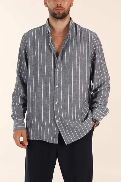 Lacivert Relaxed Fit Keten Ata Yaka Çizgili Erkek Gömlek 376955