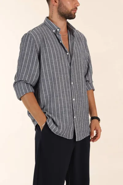 lacivert-relaxed-fit-keten-ata-yaka-cizgili-erkek-gomlek-376955