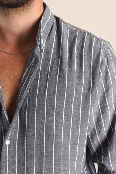 Lacivert Relaxed Fit Keten Ata Yaka Çizgili Erkek Gömlek 376955