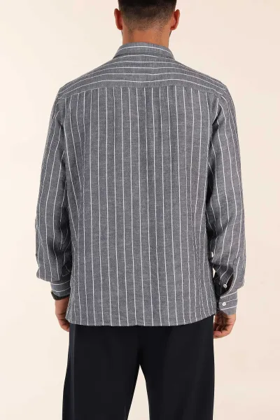 Lacivert Relaxed Fit Keten Ata Yaka Çizgili Erkek Gömlek 376955