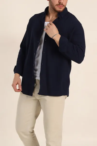 Lacivert Relaxed Fit Keten Ata Yaka Erkek Gömlek 339165