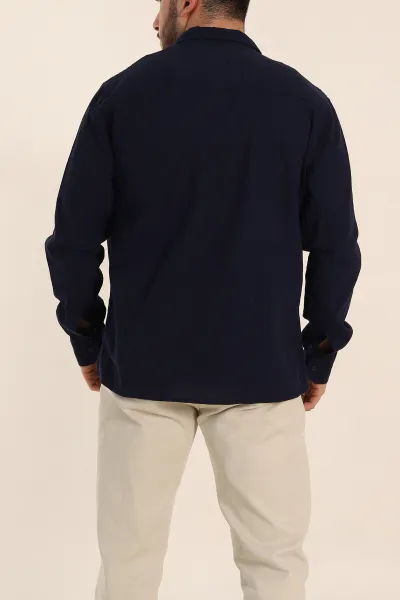 Lacivert Relaxed Fit Keten Ata Yaka Erkek Gömlek 339165