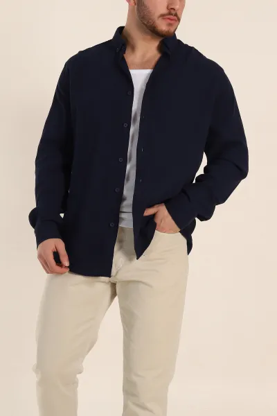 Lacivert Relaxed Fit Keten Ata Yaka Erkek Gömlek 339165