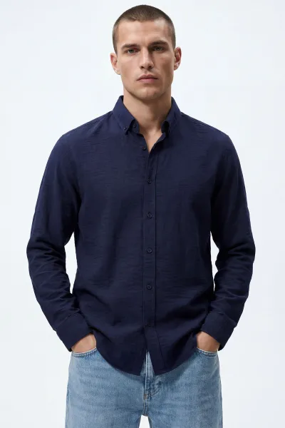 Lacivert Relaxed Fit Keten Ata Yaka Erkek Gömlek 435842