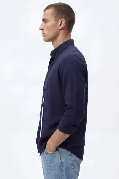 Lacivert Relaxed Fit Keten Ata Yaka Erkek Gömlek 435842