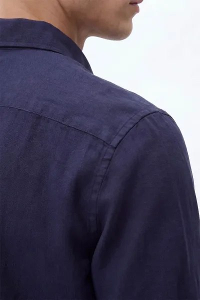 Lacivert Relaxed Fit Keten Ata Yaka Erkek Gömlek 435842