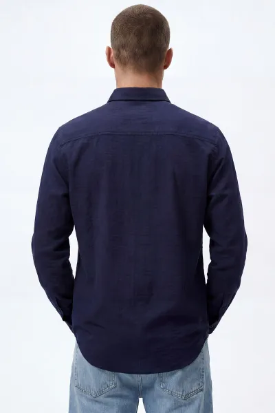 Lacivert Relaxed Fit Keten Ata Yaka Erkek Gömlek 435842