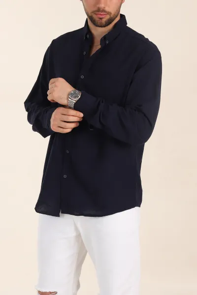 Lacivert Relaxed Fit Keten Cep Detaylı Erkek Gömlek 356964