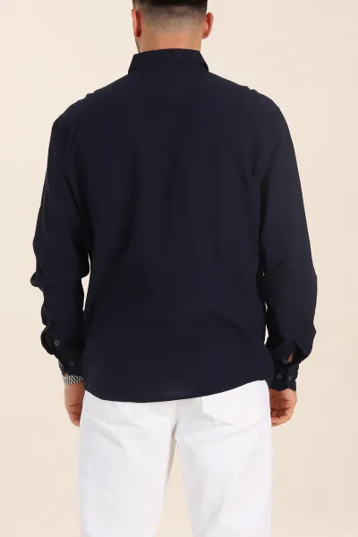Lacivert Relaxed Fit Keten Cep Detaylı Erkek Gömlek 356964