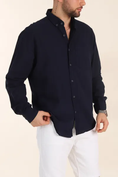 Lacivert Relaxed Fit Keten Cep Detaylı Erkek Gömlek 356964