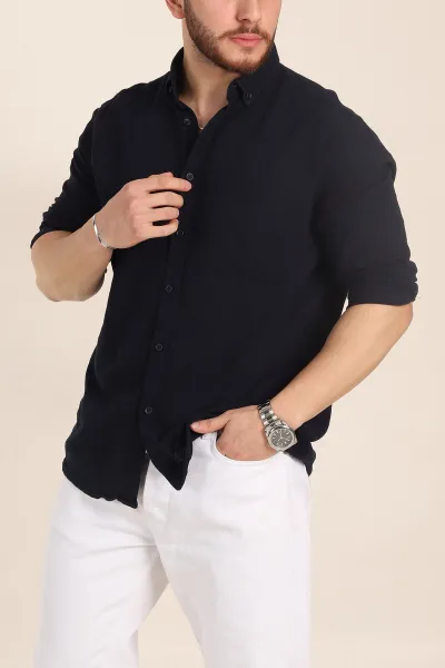 Lacivert Relaxed Fit Keten Cep Detaylı Erkek Gömlek 356972