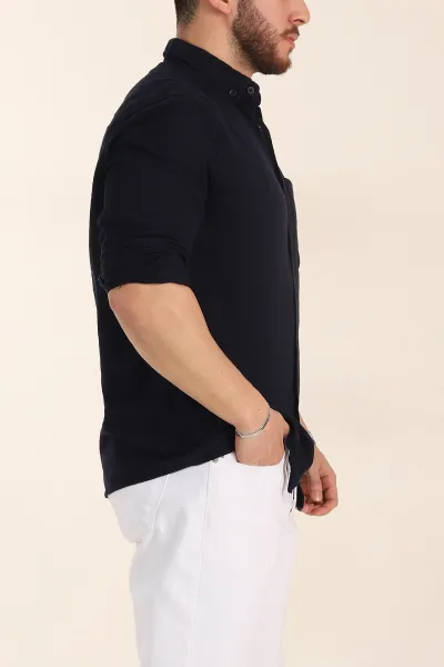 Lacivert Relaxed Fit Keten Cep Detaylı Erkek Gömlek 356972