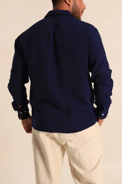 Lacivert Relaxed Fit Keten Erkek Gömlek 283763