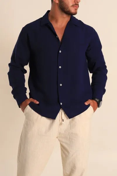 lacivert-relaxed-fit-keten-erkek-gomlek-283763