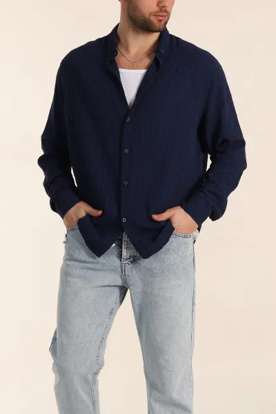 lacivert-relaxed-fit-keten-kare-dokulu-ata-yaka-erkek-gomlek-339180