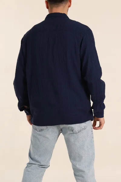 Lacivert Relaxed Fit Keten Kare Dokulu Ata Yaka Erkek Gömlek 339180