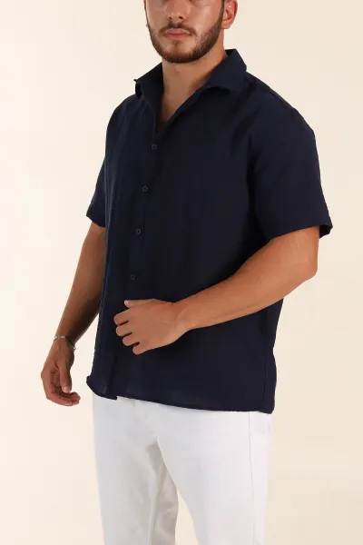 Lacivert Relaxed Fit Keten Kısa Kollu Erkek Gömlek 376971
