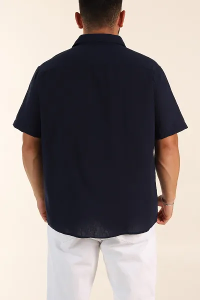 Lacivert Relaxed Fit Keten Kısa Kollu Erkek Gömlek 376971