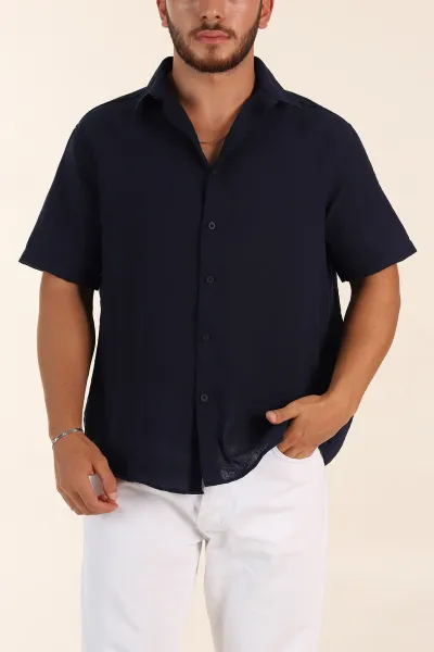 lacivert-relaxed-fit-keten-kisa-kollu-erkek-gomlek-376971