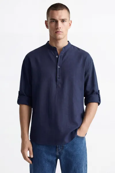 lacivert-relaxed-fit-keten-yarim-dugmeli-hakim-yaka-erkek-gomlek-435883