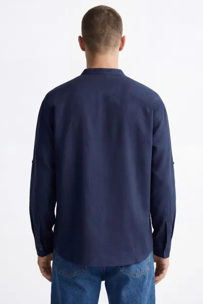Lacivert Relaxed Fit Keten Yarım Düğmeli Hakim Yaka Erkek Gömlek 435883